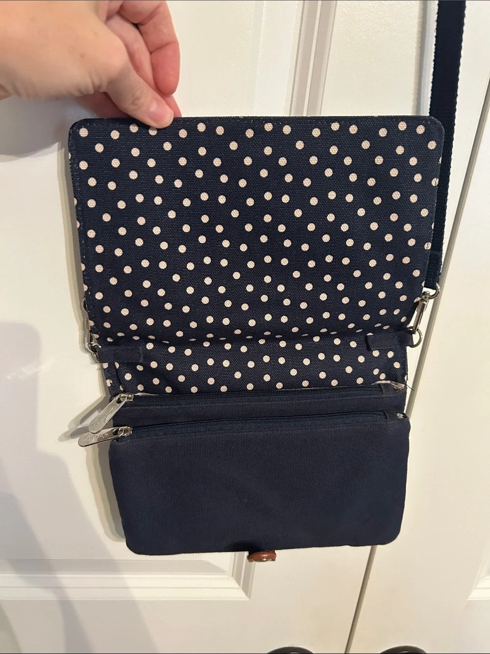 thirty-one Navy and White Polka Dot Crossbody with Adjustable Strap